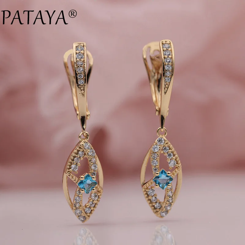 PATAYA New Women Wedding Fine Jewelry 585 Rose Gold Color Micro-wax Inlay Pomegranate Red Natural Zircon Long Dangle Earrings