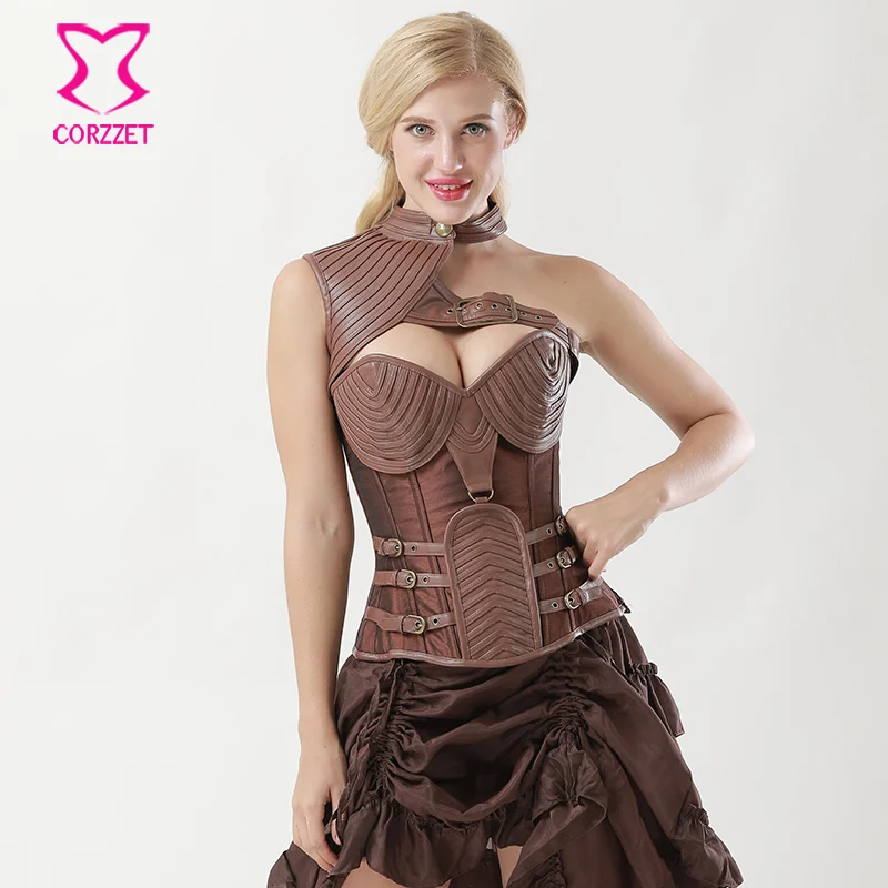 Vintage Brown Leather Armor Corset Steampunk Clothing Korsett For Women Corselet Plus Size Sexy Corsets And Bustiers Steel Boned