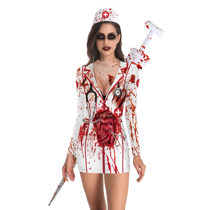 Vestito da gioco di ruolo sanguinante per le donne costumi Cosplay Horror spaventoso di Halloween Mini abito Sexy abbigliamento medievale americano gotico