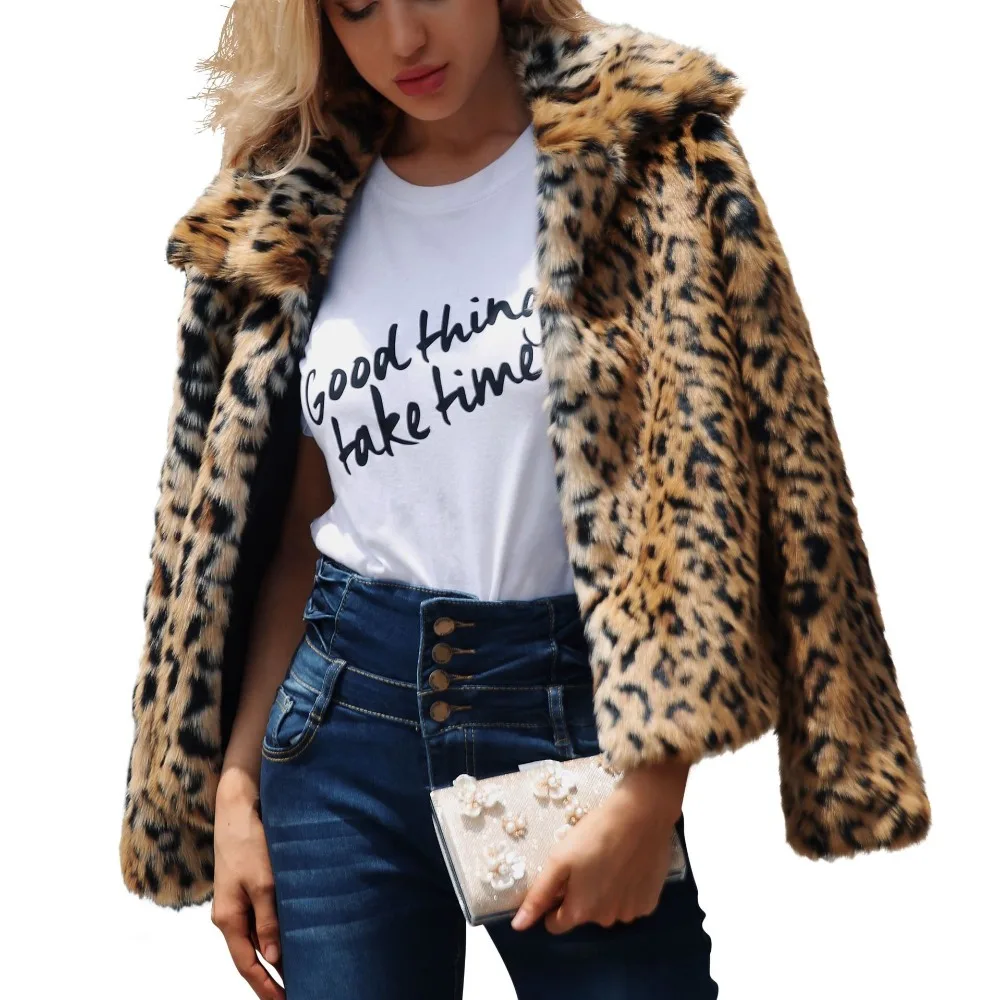 S-3XL Winter Warm Open Stitch Slim Turn-down Neck Plush Overcoat Women Faux Fur Leopard Cardigan Ladies Thick Short Coat