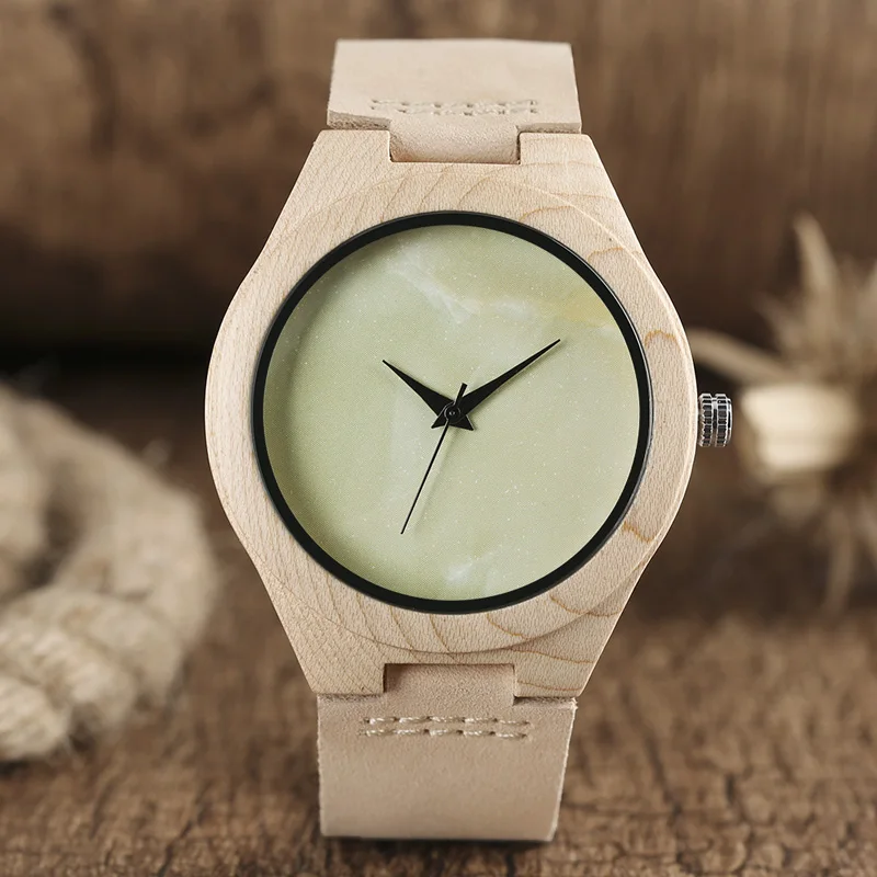 

Light Green No Word Dial Wood Watch Whitening Bamboo Minimalist Analog Genuine Leather Novelty Clock Online Reloj de madera 2020