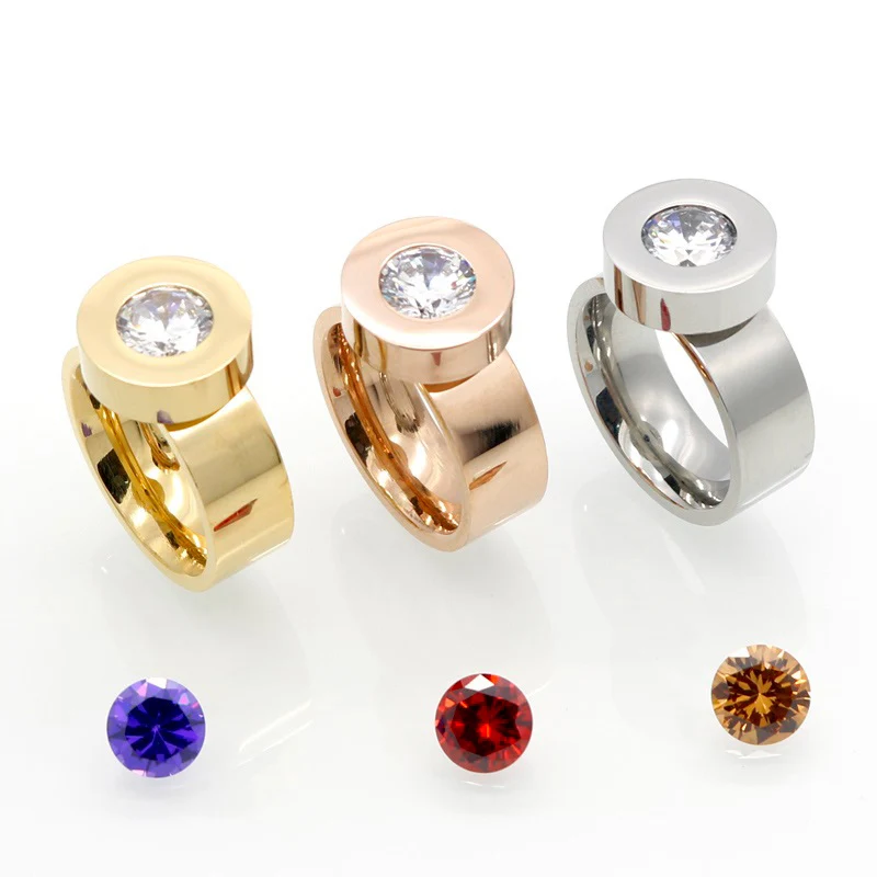 New Trendy Gold 4 Color Zircon Crystal Round Stone Ring For Women Female 316L Stainless Steel Ring Male Brand Wedding Jewelry