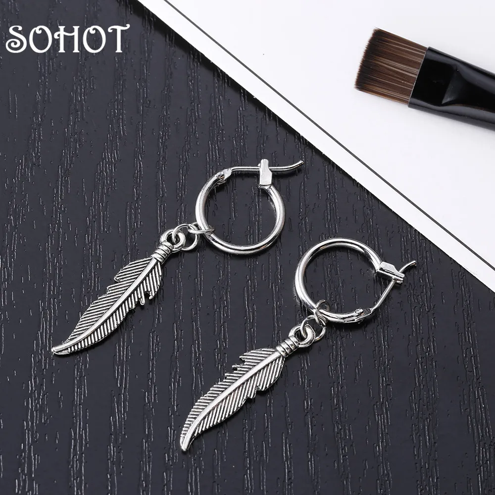 SOHOT Ethnic Style Vintage Feather Hoop Earrings Trendy Gold Silver Color Alloy Women Men Jewelry Accessories For Engagement