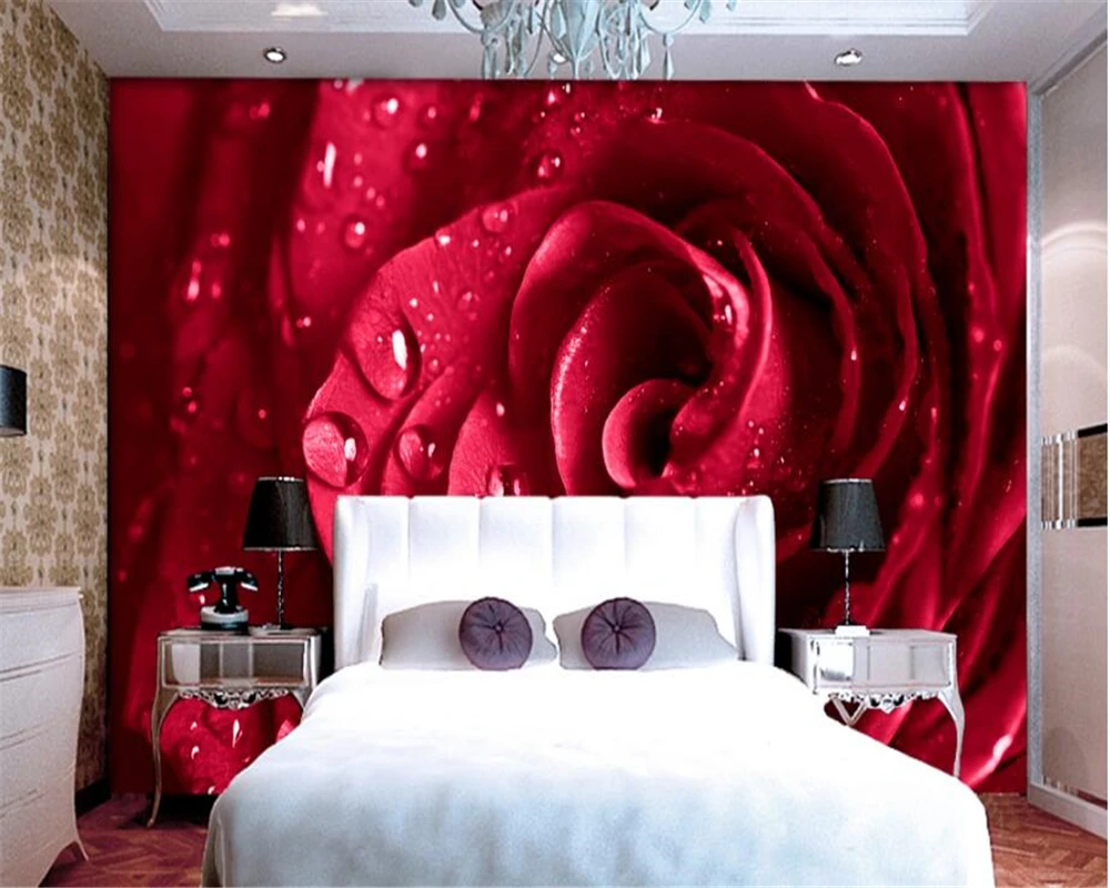 beibehang wall paper Home decoration painting 3d  Wallpaper red roses drops of flowers beautiful background wall papel de parede
