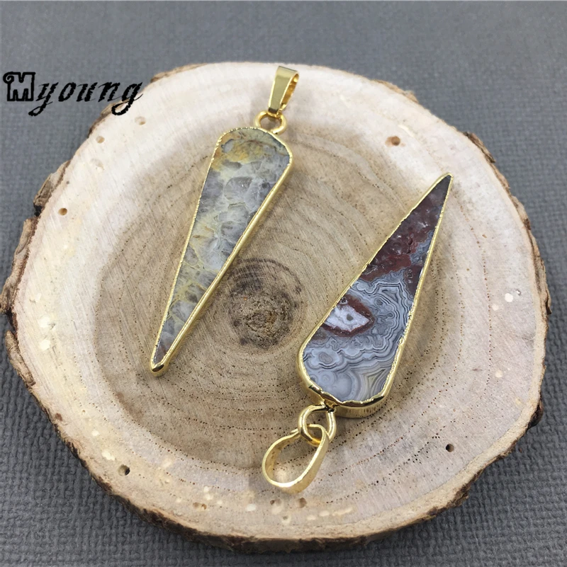 Arrowhead shape Nature Stone Moxico Crazy Agates Slice Spike Charm Pendant With gold bail For Necklace Jewelry Making  MY1460