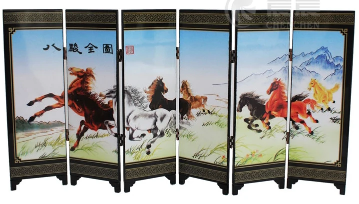 ( Mini ) Exquisite Chinese Classical  Lacquer Painting Decorative Eight Horses Folding Screen