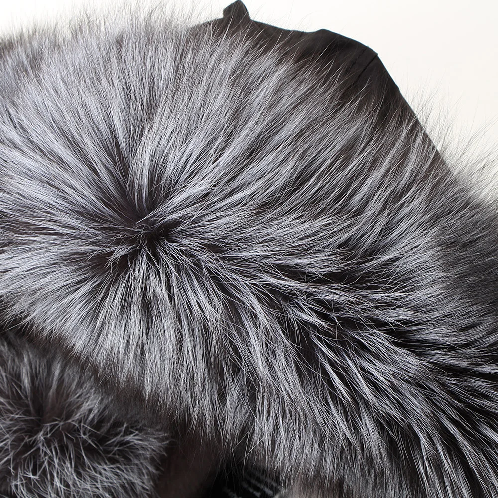 Maomaokong Natürliche Fuchspelzmäntel Echtpelz Winter Lange schwarze Jacke Park Baumwolle dickes warmes Leder Grasparks Kunstpelzfutter