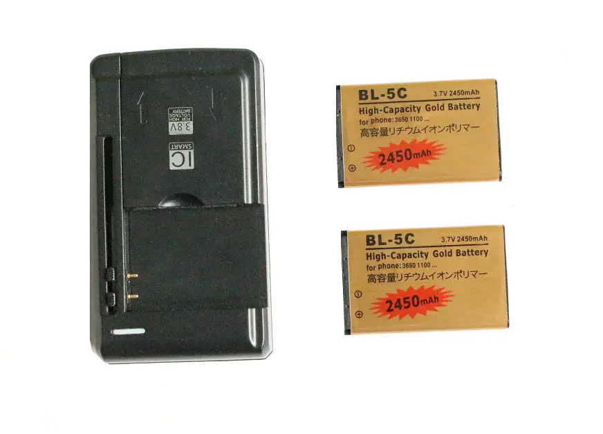 2x 2450mAh BL-5C BL5C BL 5C Gold Replacement Battery + Universal Charger For Nokia 1208 1209 1255 1280 1315 1600 1616 1650 ect