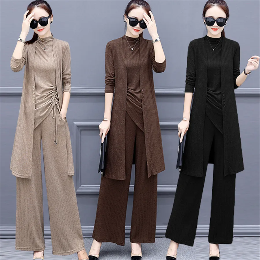 

Knitted 3 Pieces Set Women Tracksuit Long Sleeve Cardigan and Sleeveless Pullover Tops and Wide Leg Pantshirt Pants Women's Sets