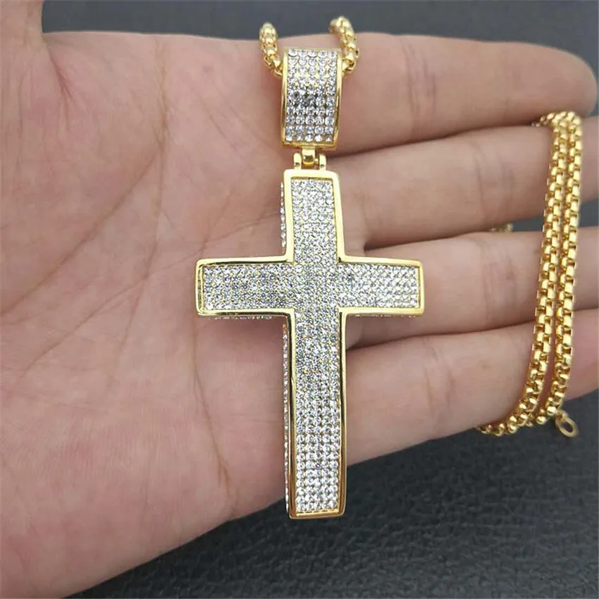 Iced Out Chain Big Cross Pendant Necklace Stainless Steel CZ Cross Necklaces Bling Cubic Zircon Men's Hip Hop Jewelry XL1134