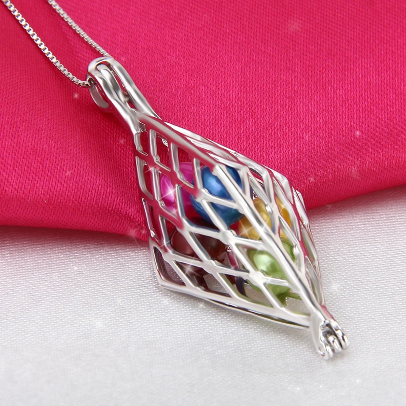 CLUCI 3pcs 925 Sterling Silver Rhombus Cage Pendant Women Necklace Jewelry Accessory Silver 925 Big Pearl Locket SC180SB