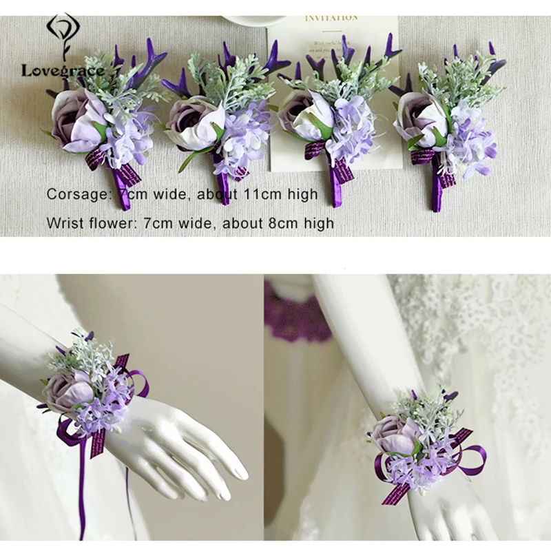 Lovegrace-Pulseras con dijes para hombre, ramillete de muñeca, broche de flor Artificial para solapa, boda