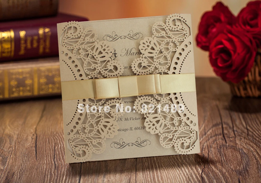 

Fancy Golden Lace Wedding Invitation with Ribbon Bow; Royal Gold Laser Cut Wedding Invitation Cards - Set of 50