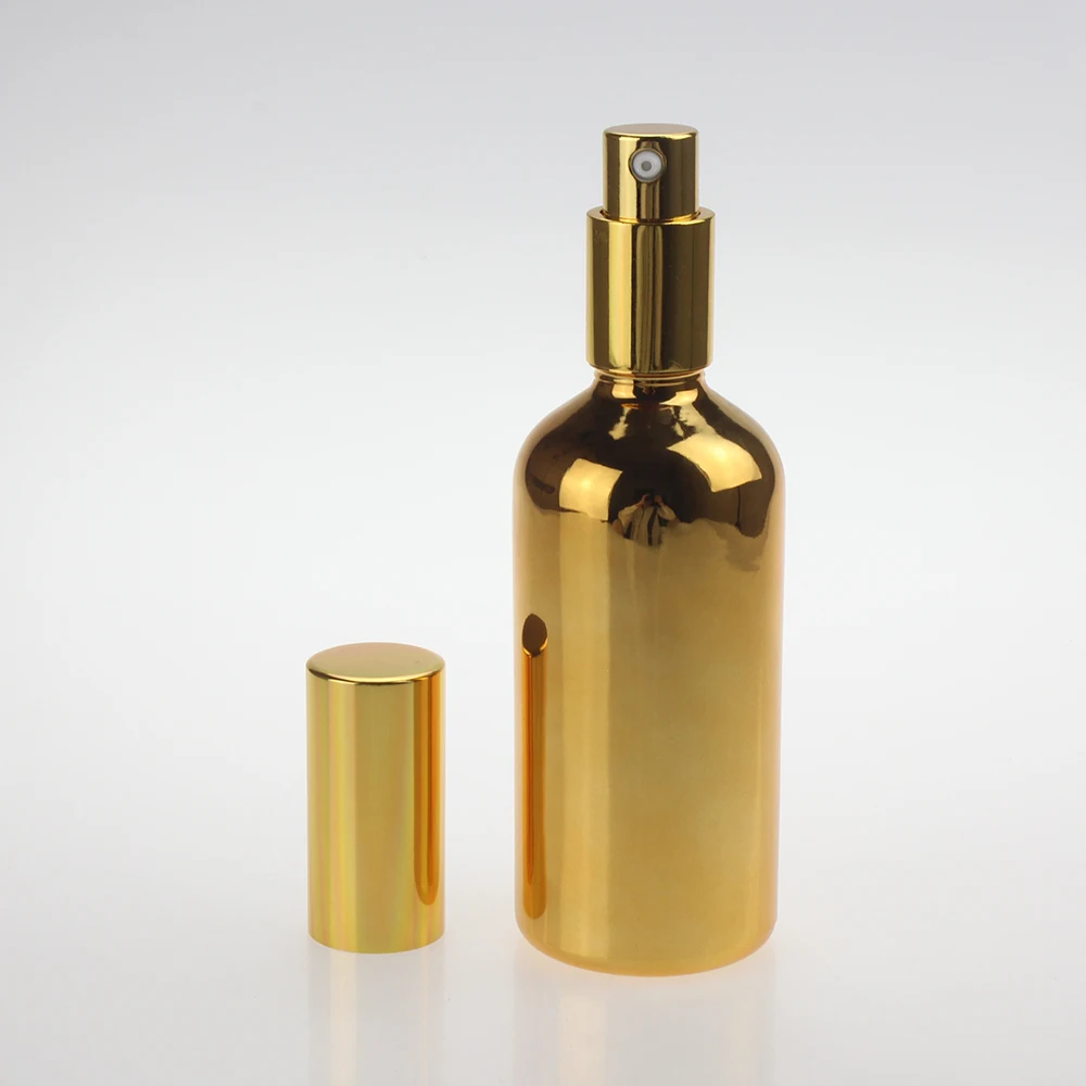 Luxus glas parfüm flasche 100ml, gold und silber mit glänzenden silber und gold mini spray pumpe flasche 100ml