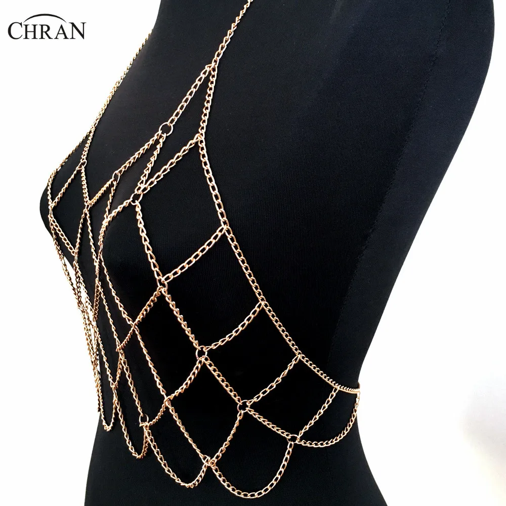 Chran V Collar Beach Chain Bra Sonus Festival Outfit Wear Slave Harness Necklace Chain Bralette EDM Rave Top Bikini EDC Jewelry