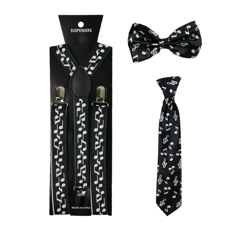 Winfox Fashion Black Music Note Women Men Suspenders Bowtie And Necktie Set