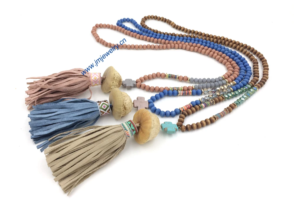 2016 New personalized handmade jewelry supplier long beaded chain leather tessal pendents unique boho long Necklaces for women