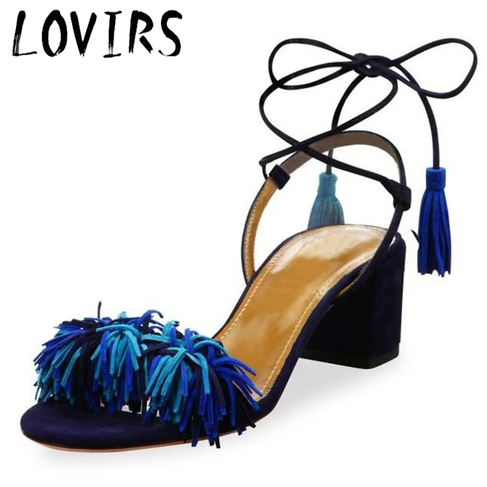 LOVIRS Modo Delle Donne Open Toe Lace Up Caviglia Croce Legato Strap Nappe Medio Tacco largo In Microfibra Sandali per il Vestito Causale scarpe