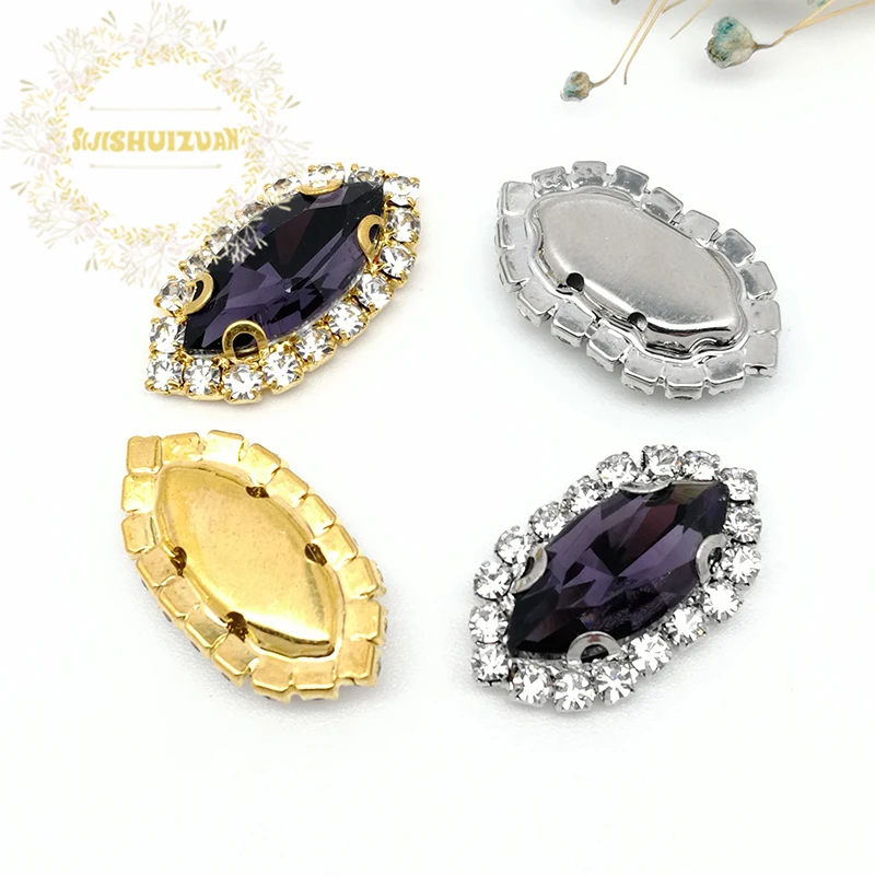 Deep Purple Horse Eye Shape Glass Crystal Sew On Rhinestones With Silver Bottom Crystal Buckle Diy Wedding Dresss