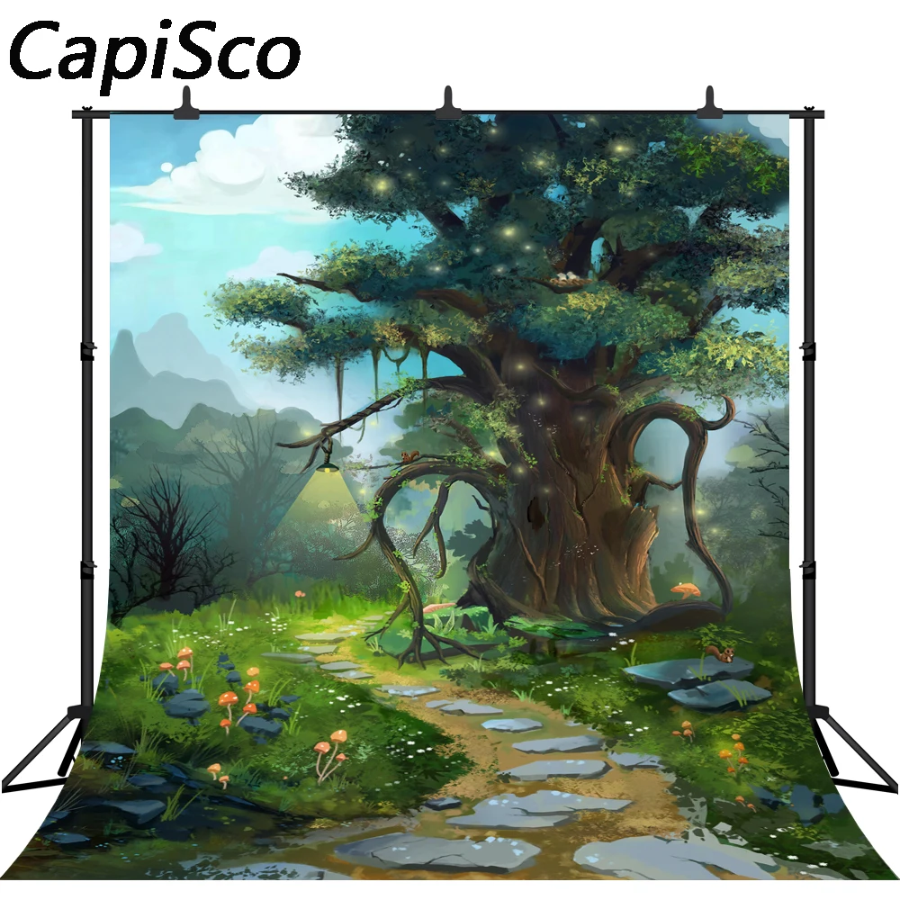 Capisco Fairy Tale tree Photography Backdrops Children Backgrounds Photo Studio Mushrooms squirrel Flowers Photo Background