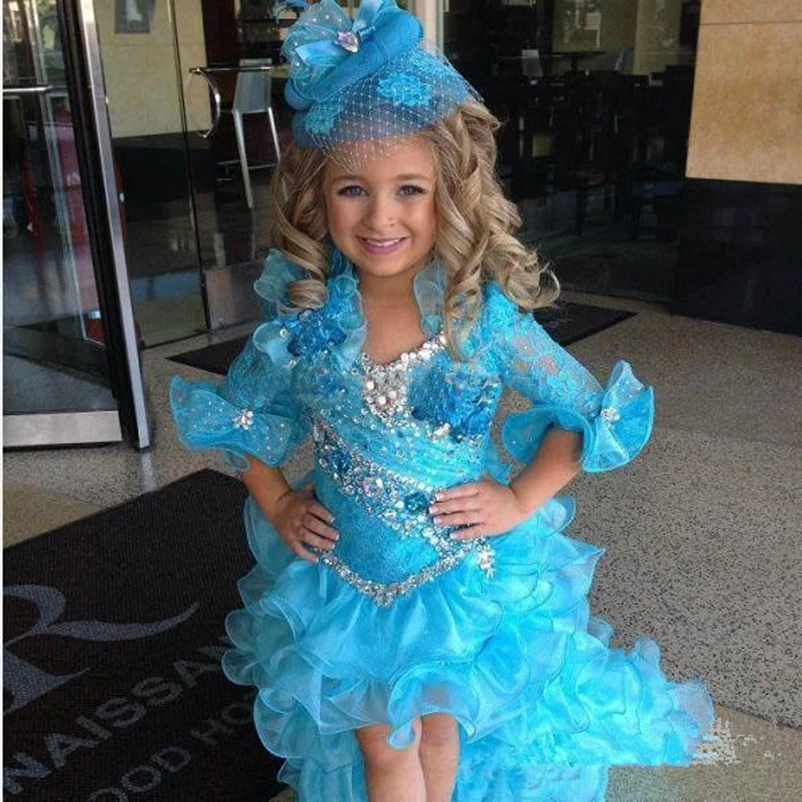 Sparly Pageant Dresses For Girls High Low Blue Kids Prom Dresses Organza Beads Half Sleeve Party Dresses for Flower Girl vestido