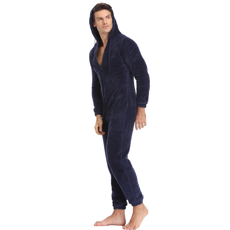 Mono de punto de lana de peluche para hombre, ropa de dormir esponjosa, pijama de una pieza, monos con capucha, cálido, invierno