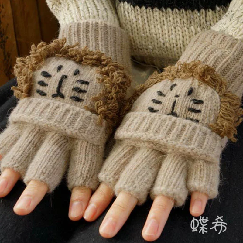 Winter Lolita Kawaii Cartoon Lovely Bear Lion Winter Wool Gloves Women Japanese Half Finger Warm Thicken Fingerless Gloves A282