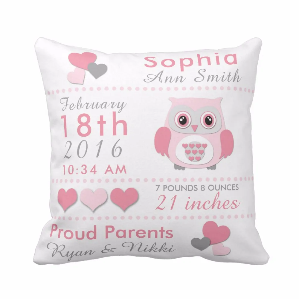 Custom Baby Birth Stats Cute Whale and Owl Throw Pillow Cover Decorative Pillow Case Cotton Polyester Baby Nursery Cushion Cover