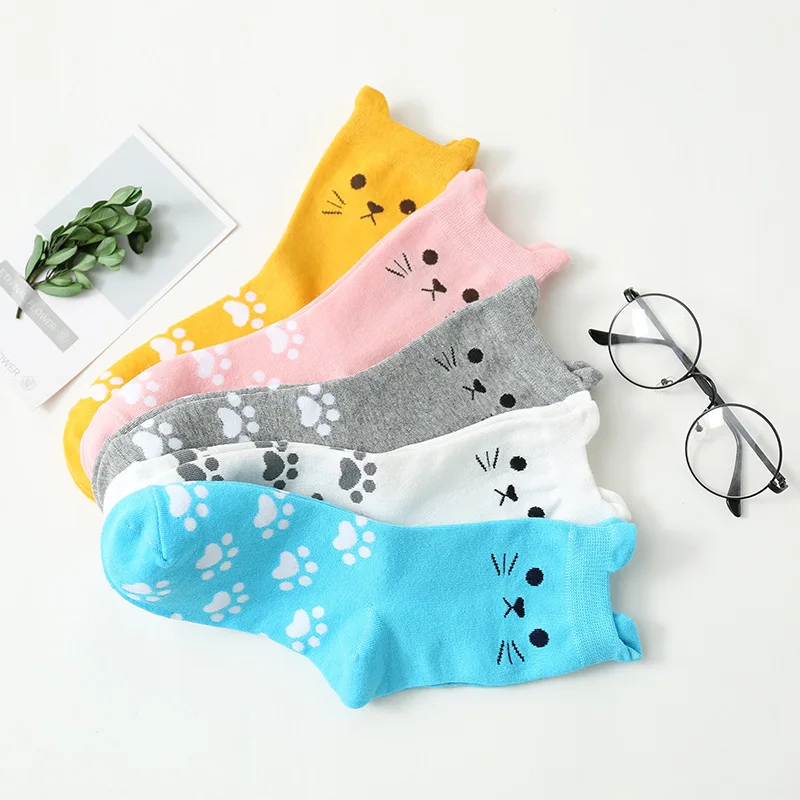 Colorful Polka Dot Owl Footprint Cat Edge Erect Ears Cute Harajuku Women Socks Happy Casual Comfortable Soft Cotton Socks Autumn