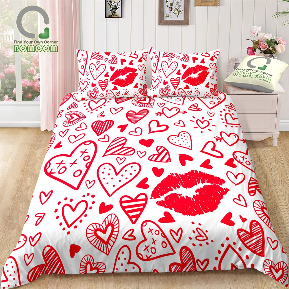 BOMCOM 3D Digital Printing Bedding Set Handdraw Doodle Heart Red Lips on White 3-Pieces Duvet Cover Sets 100% Microfiber