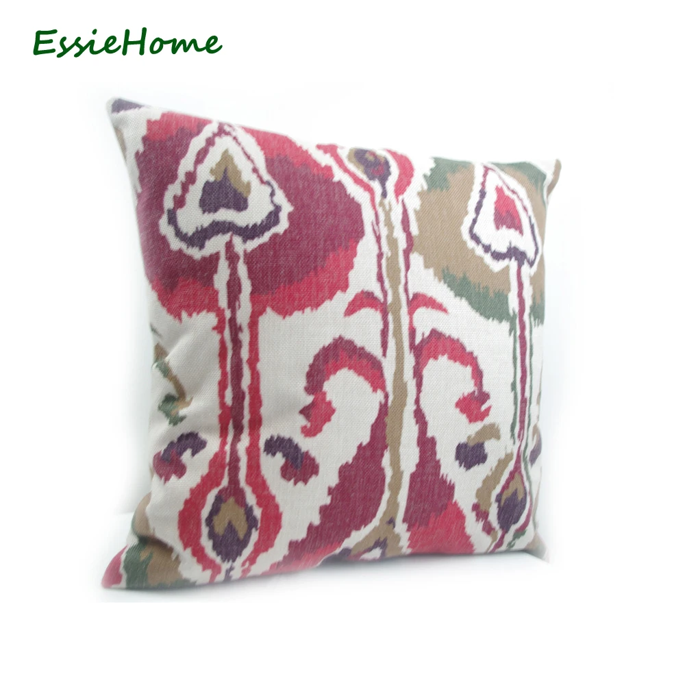 ESSIE HOME High-End Hand Print Light Dark Red Green Brown Ikat Pattern Pillow Case Cushion Cover Sofa Vintage Look Home Decorati