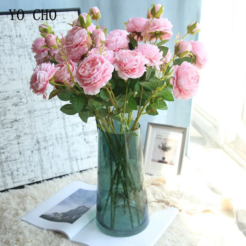 YO CHO Rose Artificial Flowers 3 Heads Pink White Peonies Silk Flower Wedding Garden Decoration Fake Flower Bouquet Peony Color