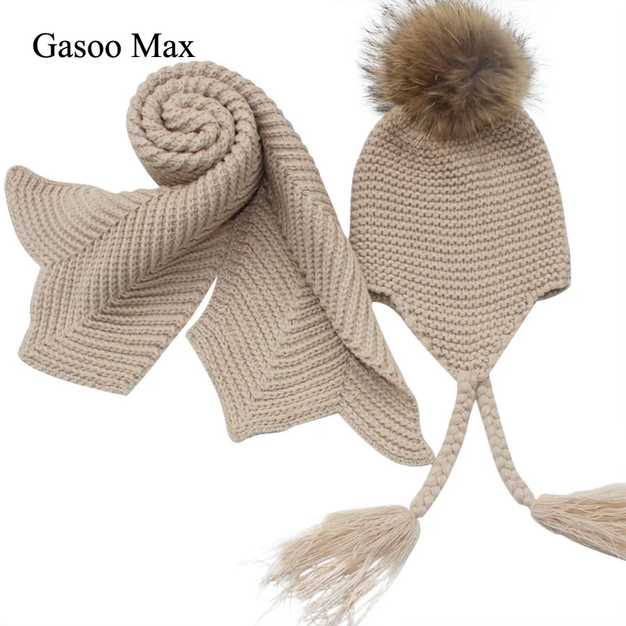 Crianças de malha cachecol chapéu conjunto de luxo inverno quente crochê chapéus e cachecóis com pele real pom beanie chapéu cachecol para meninos e meninas