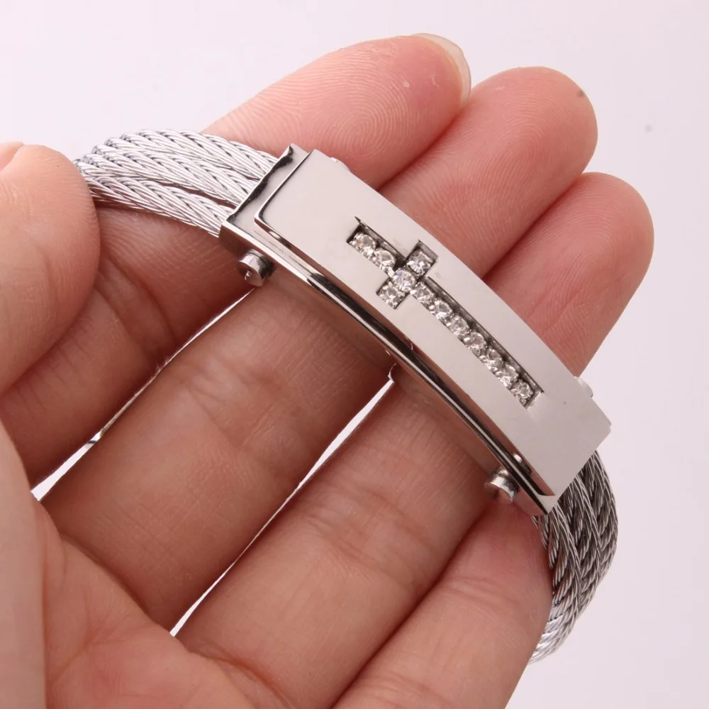 Charms Rhinestone Stainless Steel Silver Color Cross 3 Rows Cable Wire Rope Chain Cuff Bangle Bracelet Men Women Jewelry 7.28