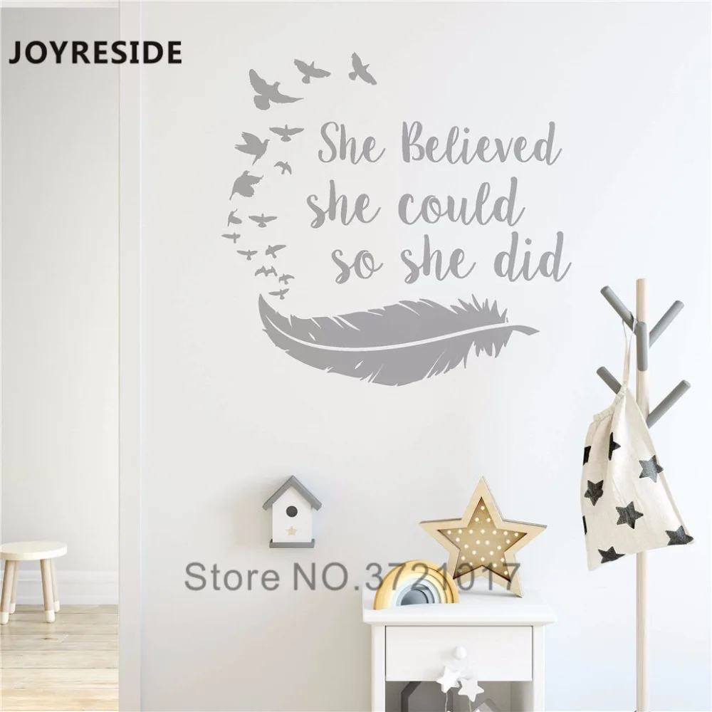 JOYRESIDE Girls She Believed She Could So She Did Wall Decal Vinyl Sticker Quote Birds Feather Home Decoration Art Design XY062 image 3