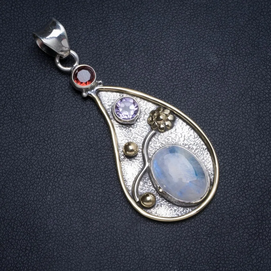 

Natural Two Tones Rainbow Moonstone and Amethyst Handmade Unique 925 Sterling Silver Pendant 2.25" X0041