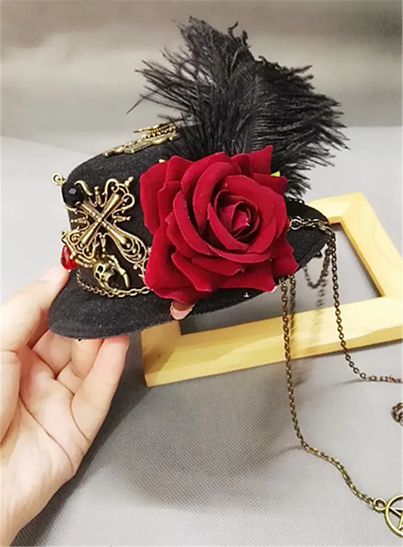 Girls Vintage Steampunk Fedora Hat Lolita Little Hat Mini Top Hat Hair Clip Floral Feather Decoration Headwear Headpiece Cosplay