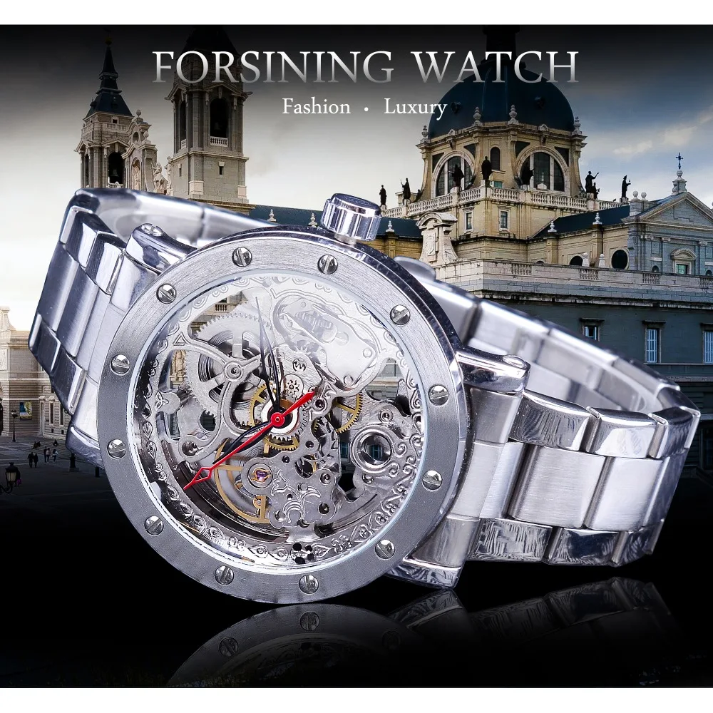 Forsining-Relojes de pulsera con esqueleto de plata para hombre, cronógrafo automático con correa de acero inoxidable, puntero negro y rojo, transparente