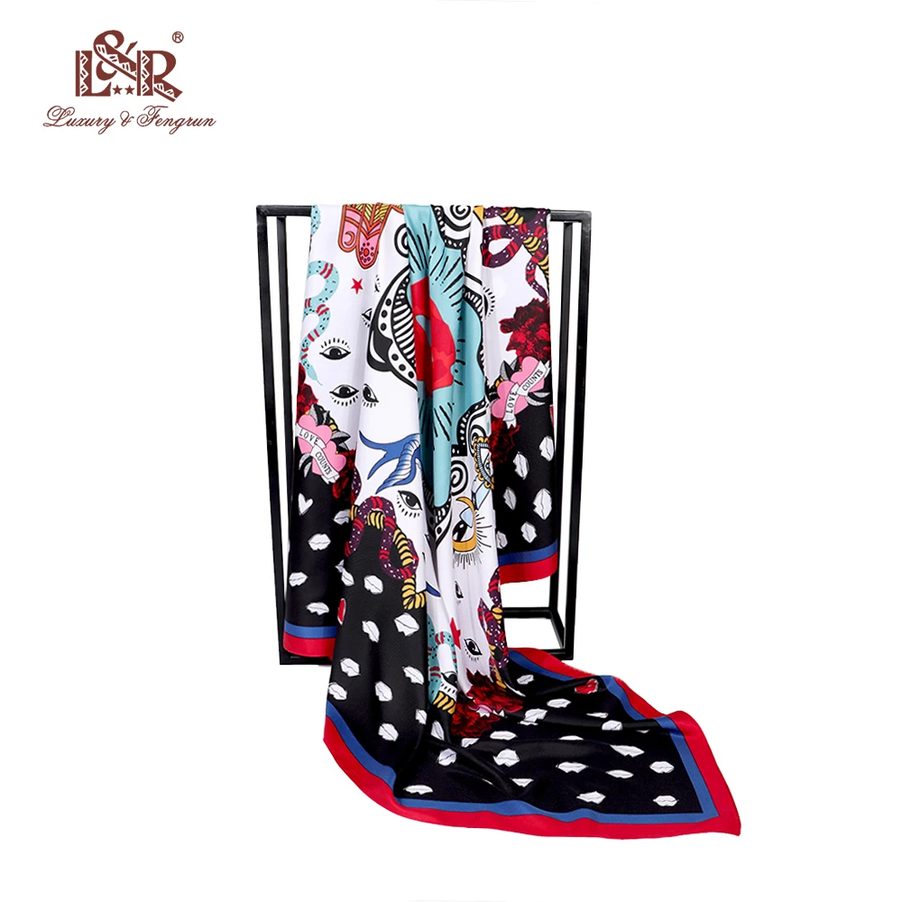 120CM Square Silk Scarf For Women Bandana Satin Silk Scarf Print Big Mouth Women Scarves Women Hijab Headscarf Foulard Femme