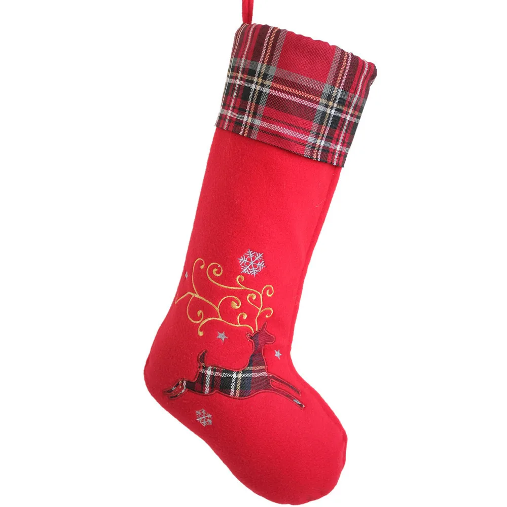 Free Shipping 2 pcs/lot Reindeer Applique Embroidery Socks Plaid Cuff Christmas Stocking