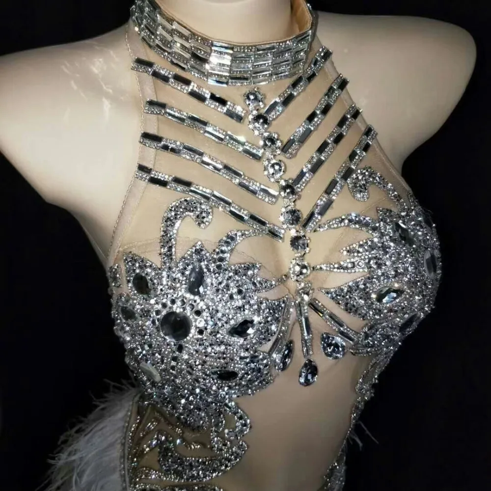 Silver Rhinestones White Feathers Bodysuit Sexy Perspective Crystals Jumpsuit Nightclub Female Clothing DJ Singer Dance Costumes