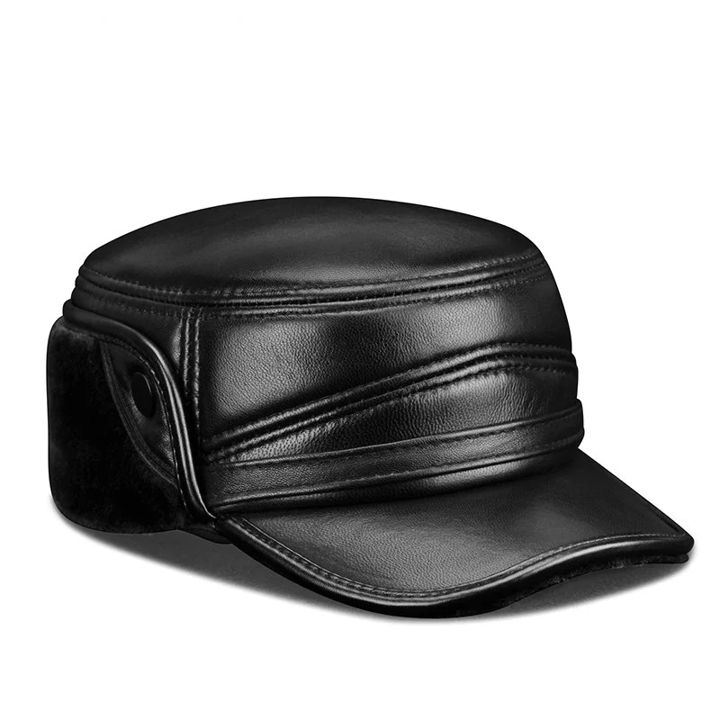 Genuine leather Bomber cap hat men's brand new sheepskin leather army hats caps black with Faux fur inside
