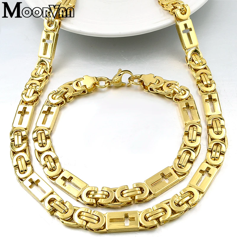 Moorvan unique flat byzantine necklace/bracelet (55cm+22cm) men chain link cross jewelry set VBD028