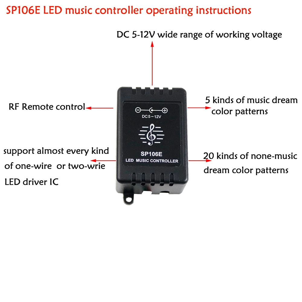 Controlador de música LED SP106E, 9 teclas, DC5V-12V, WS2811 /WS2812B /6812 /1903/6803, cinta mágica digital colorida