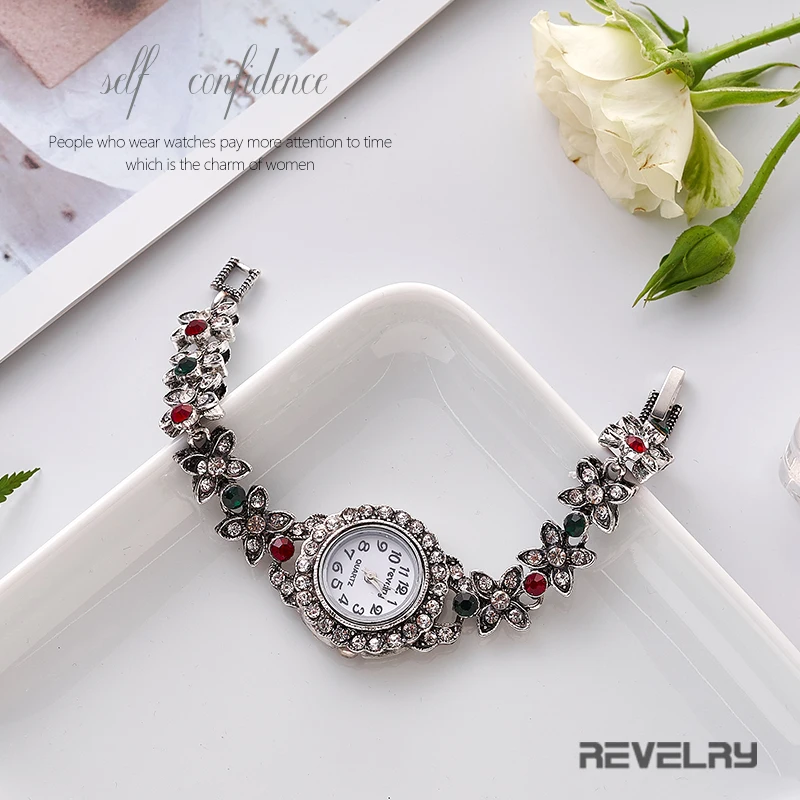 Relógios de pulso femininos revelry, relógio de pulso prateado de quartzo com diamantes, pulseira de moda elegante para mulheres