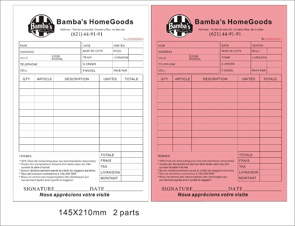 Custom print A5 145X210mm two copy carbonless paper invoice book ,free shipping by DHL or  fedex