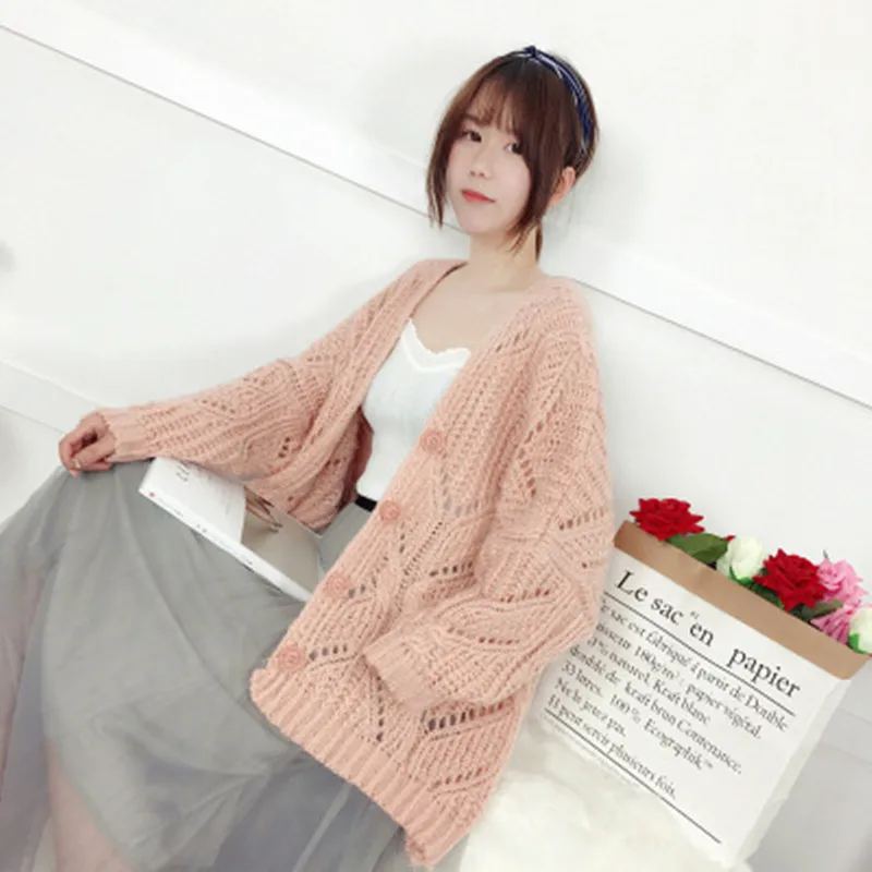 New 2020 Spring and Autumn Korean Style Loose Batwing Sleeve Hollow Sweater Medium-length Sweater Cardigan Women SW927