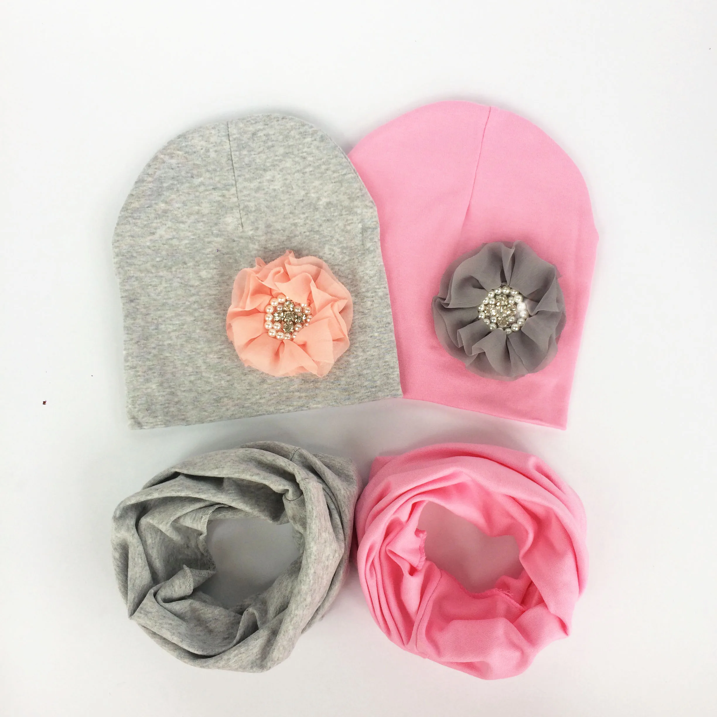 band  toddler girl flower hat baby cap Collar Scarf set floral diamond pearl cotton beanie for girls   bonnet 1-3 years