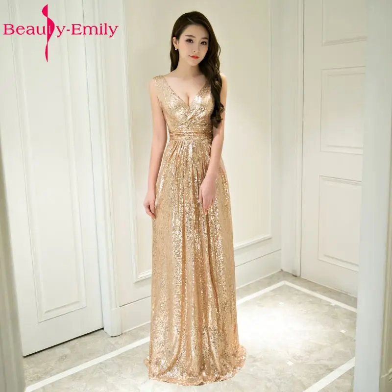 Beauty Emily-Vestidos de Noche largos dorados, prenda Sexy hasta el suelo, para ocasiones de fiesta y graduación, 2019