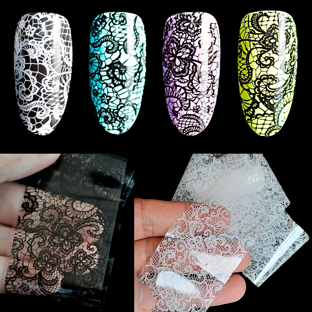 Black / White Lace Flowers Nail Art Transfer Foils Nail Adhesive Sticker Decal Tip Decoration Glue DIY Manicure Tools